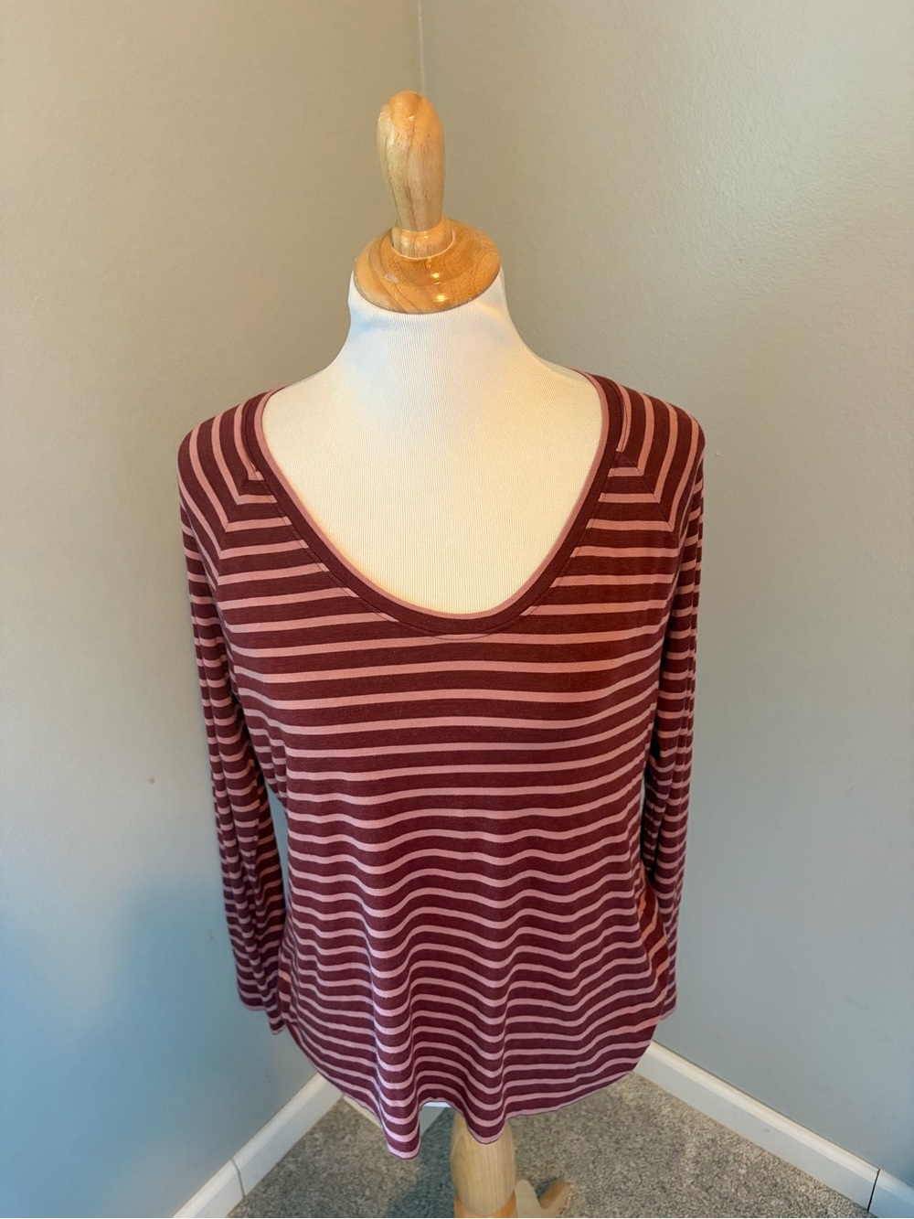 CAbi Burgundy and Pink Striped Scoop Neck Long Sleeve Top #4198